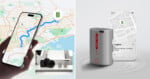 A hand holds a smartphone displaying a map route; nearby, a camera sits on a table. Right: A tracking device and phone screen show its location on a detailed map.