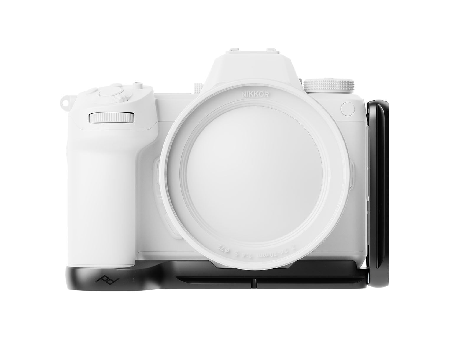 A white camera with a large lens mount is shown front-facing on a white background. It has a black L-bracket attached to its side and bottom.
