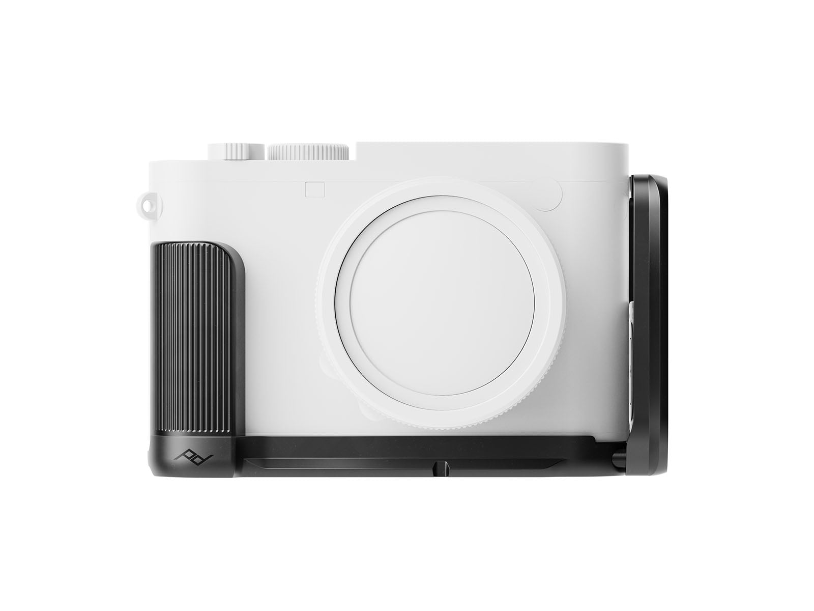 A white camera body with no lens attached, featuring a black textured grip on the left and a black vertical L-bracket on the right, set against a plain white background.