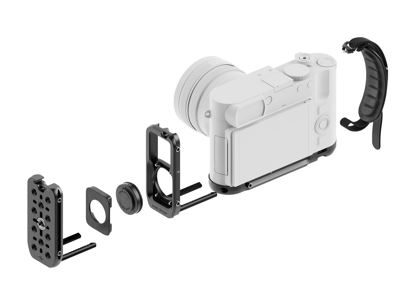 Exploded view of a digital camera with modular metal frame parts, a grip, and lens adapter arranged in assembly order, showing each component separately.