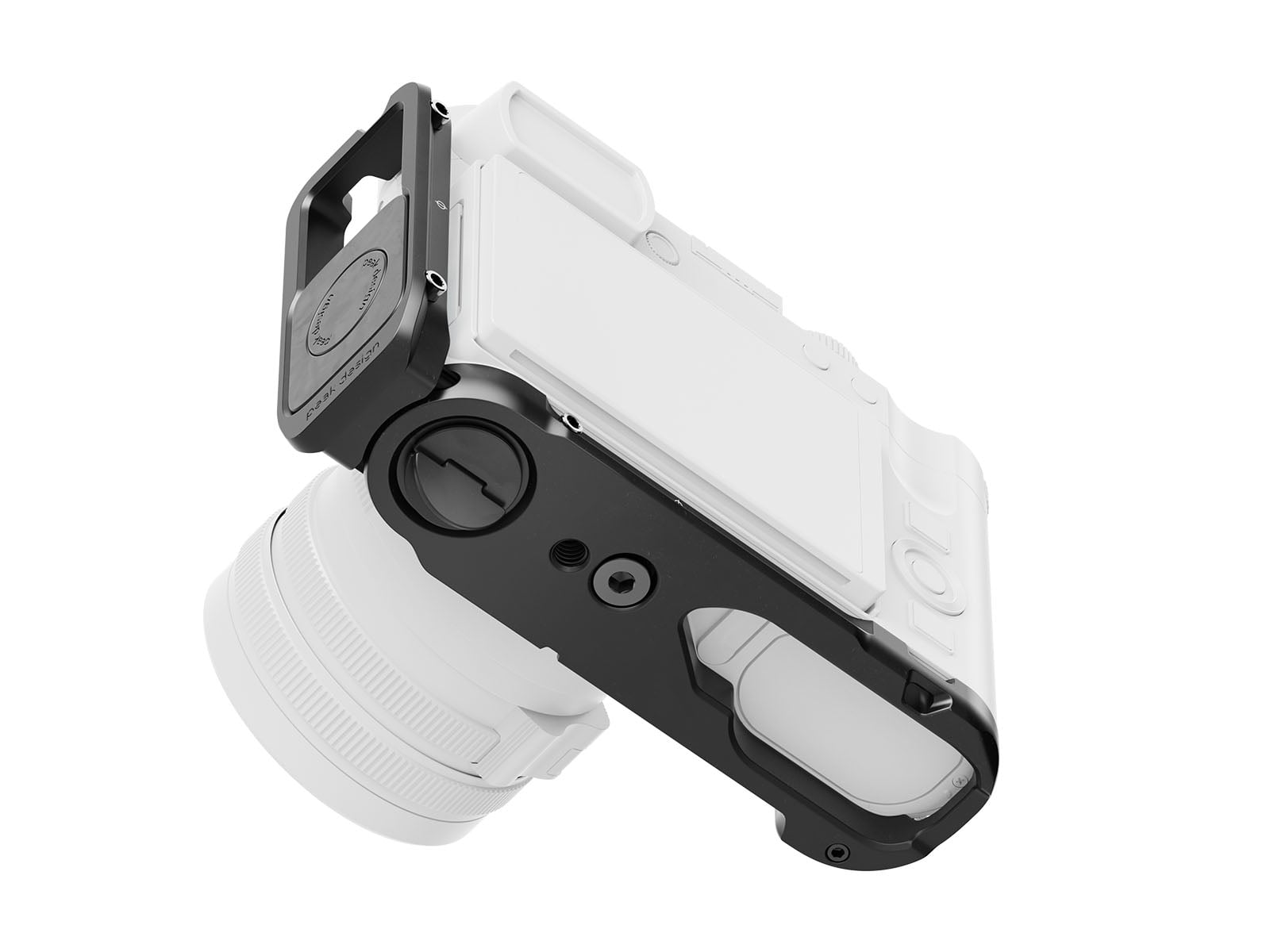 A white digital camera with a large lens is shown from a low angle, featuring a black, contoured camera grip attached to its bottom.