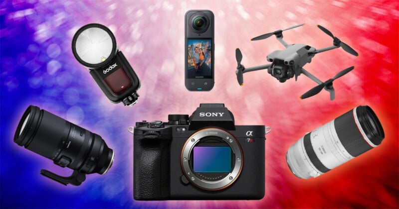A digital collage featuring a Sony camera, two camera lenses, a Godox flash, a 360-degree camera, and a gray drone, all set against a vibrant, blurred red and blue background.