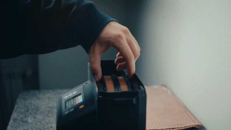A person's hand places a roll of film into a digital film scanner.