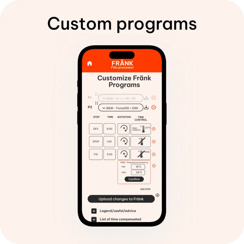 A smartphone screen displays the Fränk film processor app interface for customizing development programs with adjustable steps, times, and temperature monitoring.