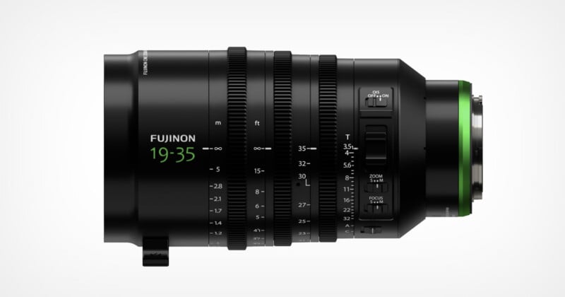 A black Fujinon 19-35mm camera lens with various control rings, focus and zoom markings, and labeled switches on the side, shown against a plain white background.
