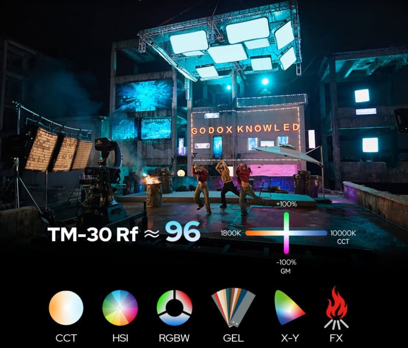 Three people dance on a colorful, illuminated stage in an industrial setting, with lighting equipment and various lighting effect icons shown below, emphasizing customizable color and light features.