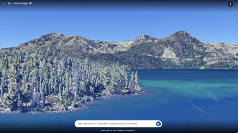 A prompt bar sits at the bottom of a screen displaying a digital landscape of a lake surrounded by a pine forest and mountains.
