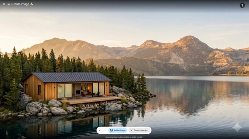 A modern wooden cabin with a dark metal roof sits on a rocky shoreline overlooking a calm lake surrounded by mountains.