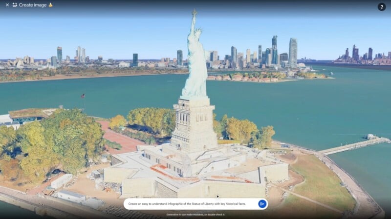 An aerial view of the Statue of Liberty standing on its star-shaped pedestal on Liberty Island, with a city skyline in the background.
