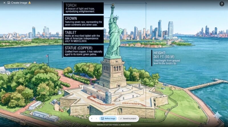 An illustrated diagram of the Statue of Liberty on Liberty Island, featuring labels for the torch, crown, tablet, and statue material, with a height measurement of 305 feet.