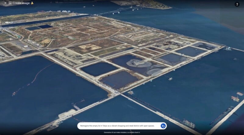 An aerial view of a large, undeveloped industrial land reclamation site surrounded by water, featuring rectangular plots, dirt roads, and dark water basins.