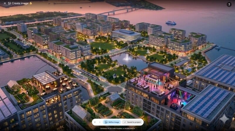 An aerial view of a modern, planned waterfront community featuring mid-rise apartment buildings, rooftop gardens, a central park with a pond, and a light rail line.