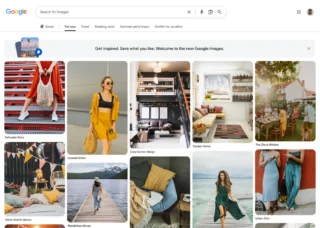 A computer screen displays the Google Images interface, showing a grid of various lifestyle and fashion photos, including outfits, home decor, food, and outdoor gatherings.