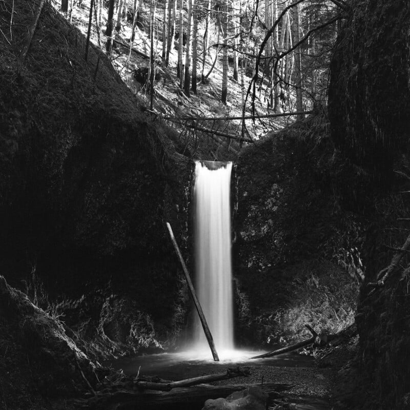 A black-and-white view of a waterfall cascading into a dark pool, framed by steep, mossy rock walls and a forest of trees.