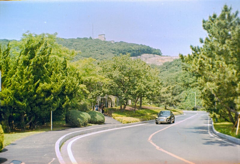 A winding road curves through a lush, green landscape with tall trees. A vintage car drives along the road, and a hill with a tower or building is visible in the background under a clear sky.