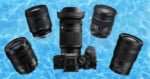 A Sony camera with five interchangeable camera lenses is arranged in a star shape over a bright blue water background.