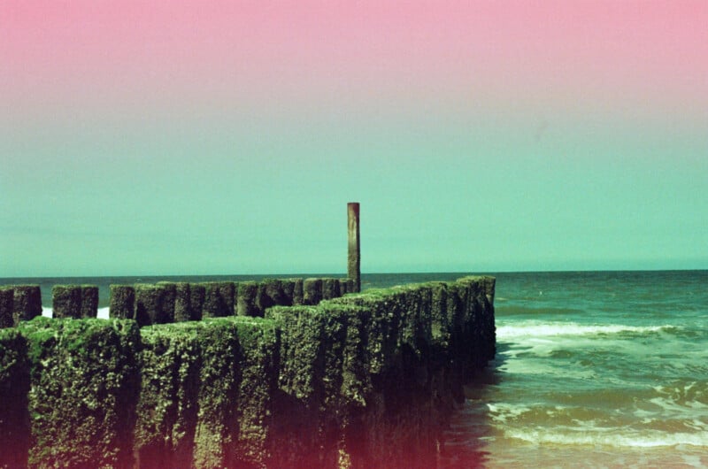 A moss-covered wooden pier extends into the ocean under a turquoise sky with a pink gradient at the top. Waves crash gently beside the pier.