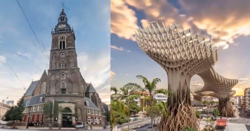 Split image: Left shows a tall, historic stone church with a clock tower; right shows a modern wooden lattice structure with organic curves, surrounded by palm trees and buildings under a dramatic sky.