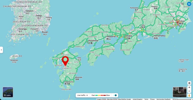A digital map showing the island of Kyushu in Japan with a red location pin placed over the Fukuoka Prefecture.