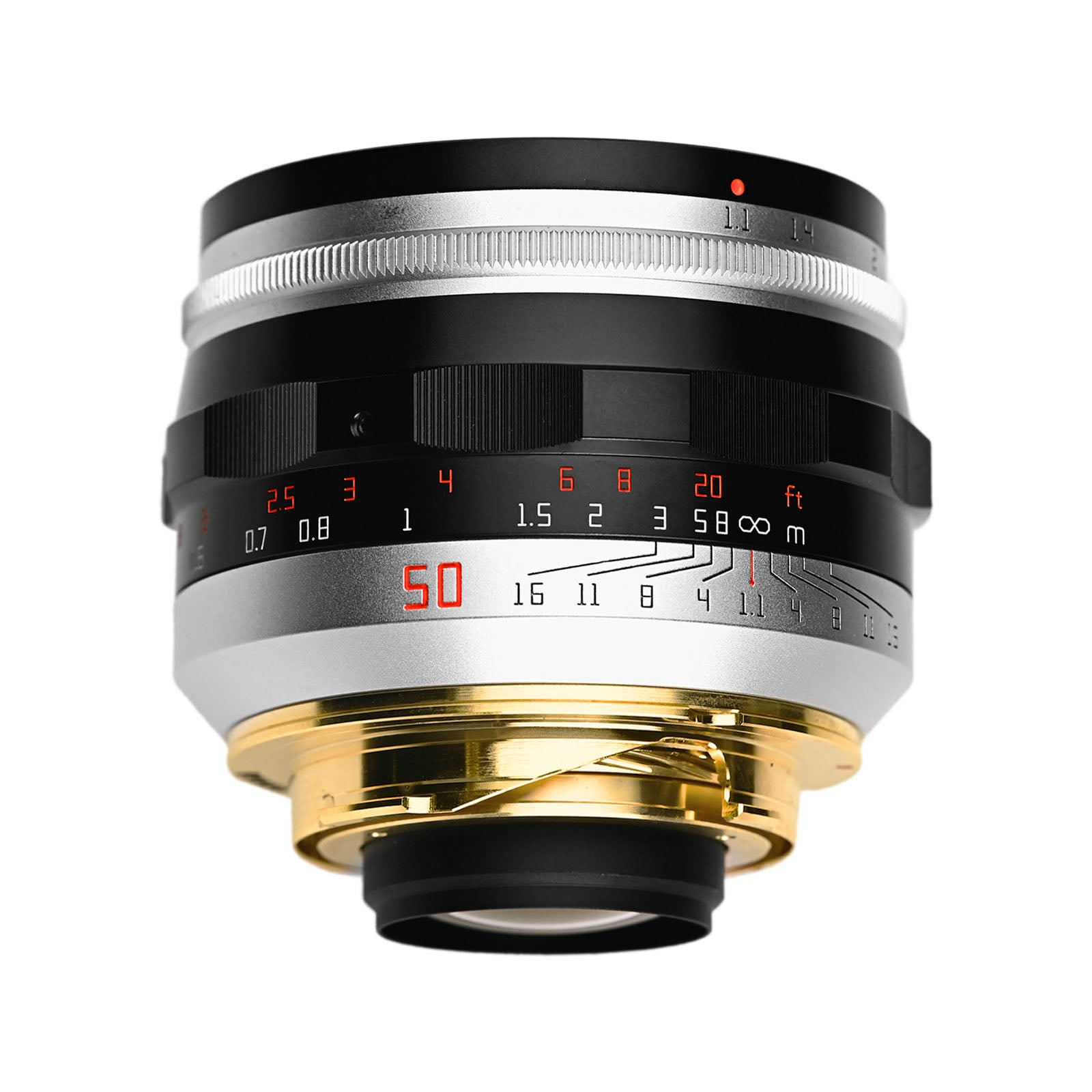 A close-up photo of a camera lens with a metallic finish, golden mount, and red, white, and black markings for focus and aperture settings against a white background.