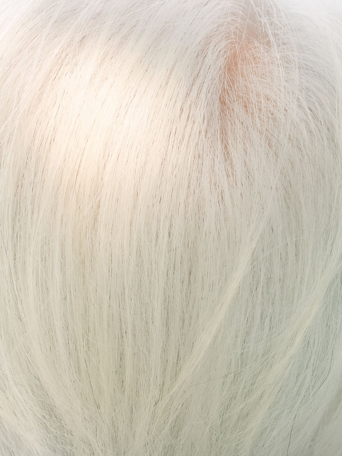A close-up view of straight, light-colored hair parted at the crown of a head.