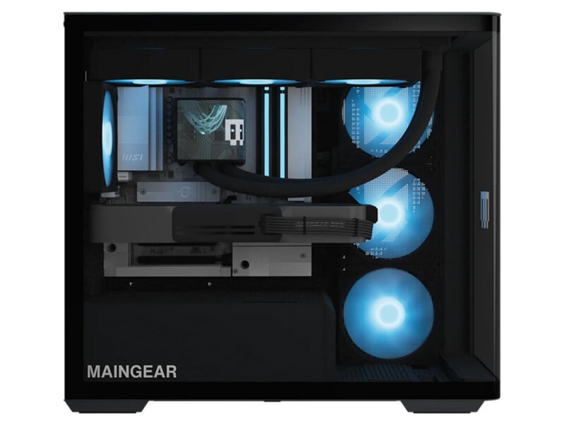 A black desktop computer case with a glass side panel, showing internal components including a liquid cooling system, glowing blue fans, and a graphics card.