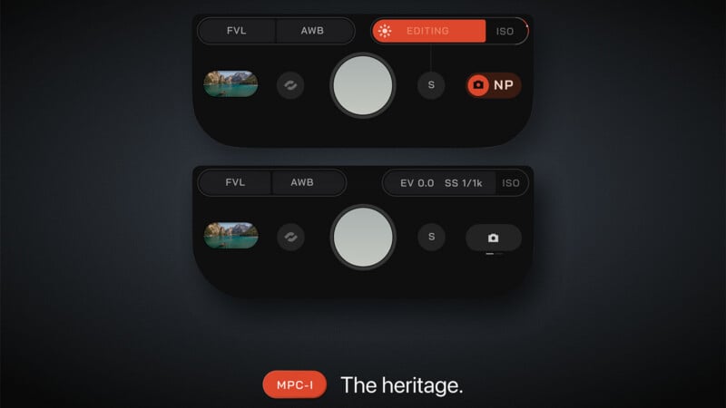 Two black camera interface panels with control buttons and dials are shown on a dark background. The top panel highlights "EDITING" in orange. The bottom panel displays various camera settings. "The heritage." appears below.