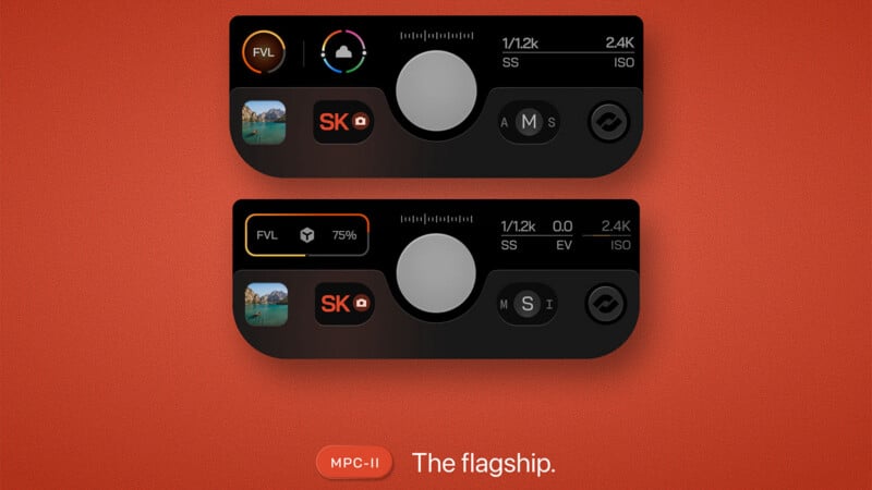 Two black camera interface panels with various controls and photo preview, displayed on an orange background. Text below reads “MPC-II The flagship.”.