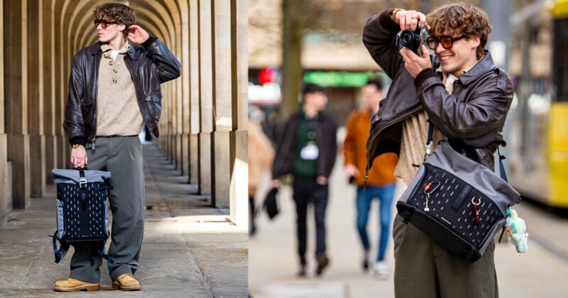A young man with curly hair, sunglasses, and a leather jacket stands outdoors with a large backpack; in another scene, he smiles while taking a photo with a camera.