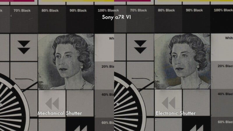 Test chart with two sections labeled "Mechanical Shutter" and "Electronic Shutter," each showing an image of a queen's portrait. The header reads "Sony a7R VI." Both sections show similar graphics and patterns.