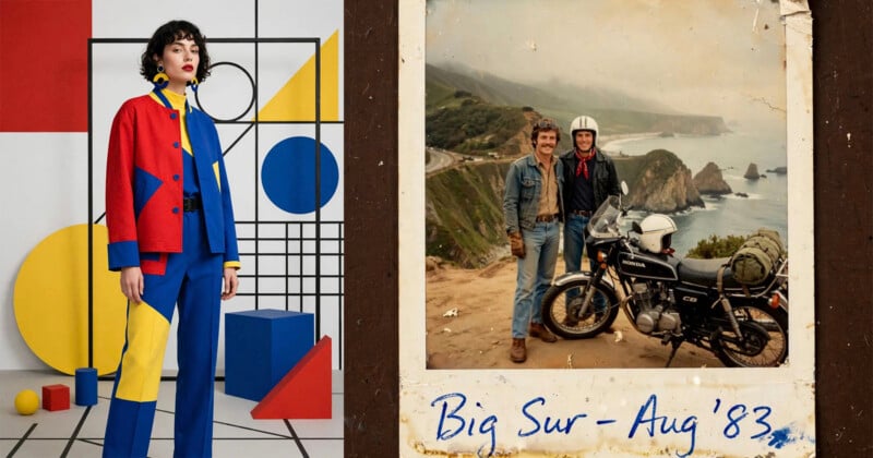 A woman in a colorful geometric suit stands by abstract shapes. Beside her, a vintage photo shows two people with a motorcycle on a scenic coastal road labeled “Big Sur – Aug ‘83.”.