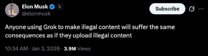 A tweet warns that using Grok to make illegal content has the same consequences as uploading illegal content.