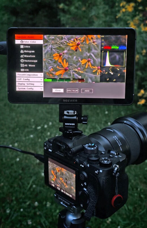 A digital camera with an external monitor displays a close-up image of orange flowers and hummingbirds, with various histogram and camera settings visible on the monitor.
