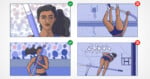 Four illustrations show a female pole vaulter preparing, running, vaulting, and landing. Green check marks highlight the prep and run, while red Xs mark the vault and landing.