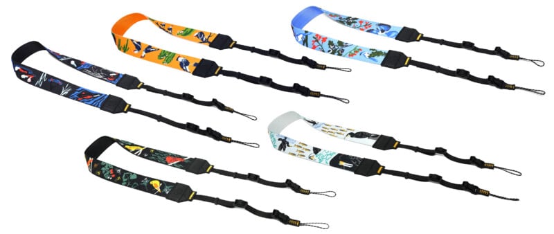 Five colorful camera neck straps are arranged on a white background, each featuring unique artistic patterns including birds, fish, and botanical motifs, equipped with adjustable black nylon webbing and attachment loops.