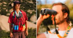 A man outdoors wearing multiple colorful binoculars around his neck stands on the left; on the right, he uses a black pair of binoculars, with trees and rocks in the background.