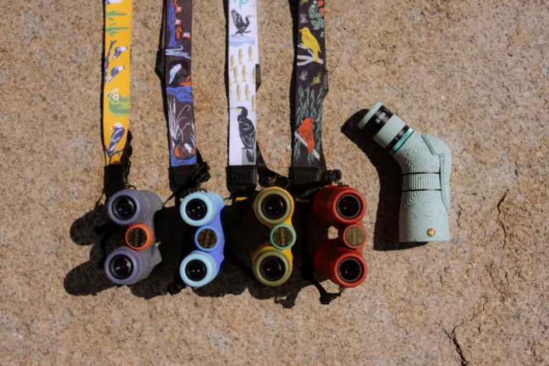 Four colorful binoculars with patterned straps and one teal monocular are arranged on a textured, light brown stone surface under bright sunlight.