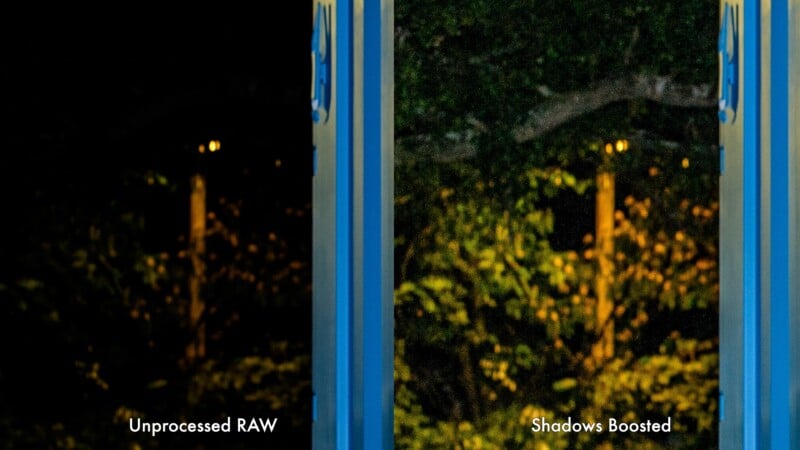 Side-by-side comparison of two photos: the left side is dark with faint shapes labeled "Unprocessed RAW," while the right side is bright and colorful with visible foliage labeled "Shadows Boosted.