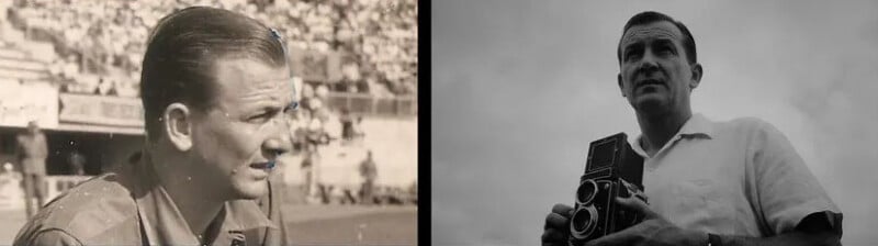 Left: A man in a stadium looks to the side. Right: A man stands outdoors holding a vintage twin-lens camera, looking upward. Both images are black and white.
