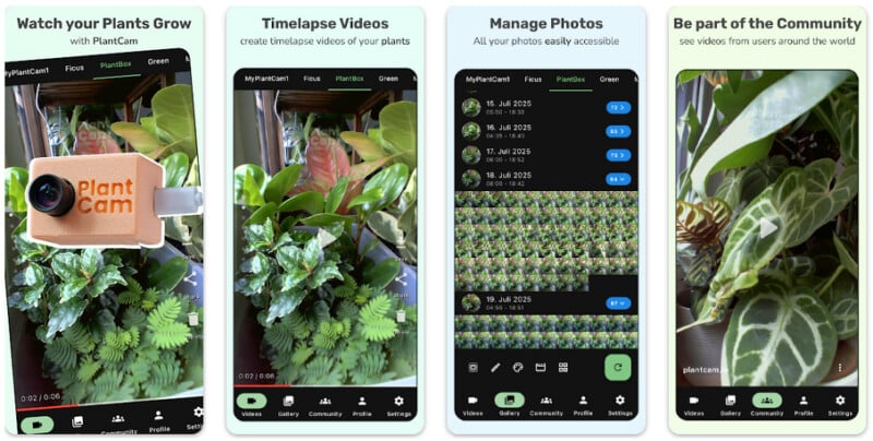Four app screens show features of "PlantCam" for plant monitoring: live plant video, timelapse creation, photo management, and community sharing, with leafy plants in the background. Each screen displays a different app section.