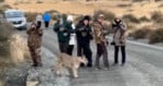 A group of people on a dirt road watch and take photos as a wild cougar calmly walks past them. There is a vehicle parked on the left and dry grass and bushes in the background.