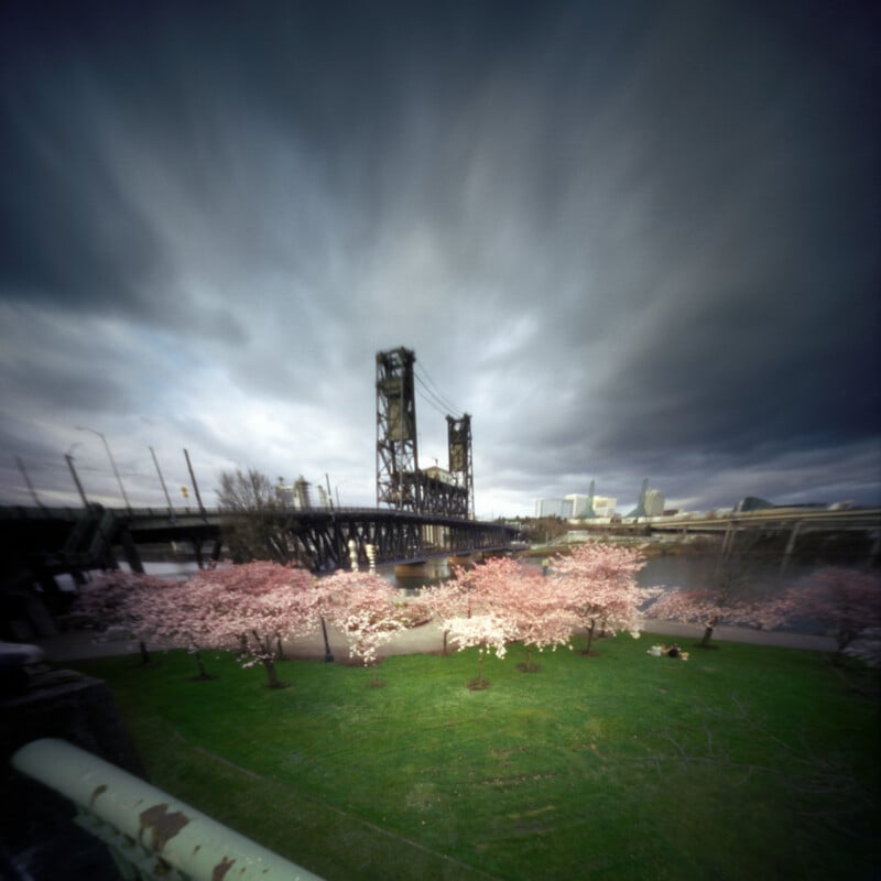 A steel bridge stands over a river beneath a dramatic, cloudy sky. Pink-blossomed trees are in full bloom on green grass in the foreground, with city buildings visible in the distance.