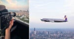 A person films a vintage airplane from a cockpit using a camera; next to it, the airplane is seen flying above a city skyline at sunset.