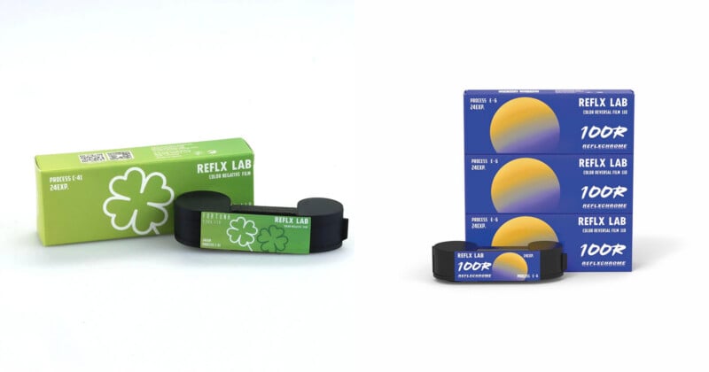 Two sets of film canisters and boxes are shown. On the left, green boxes with a clover design. On the right, blue and yellow sunset-themed boxes stacked with matching film canisters. Both are labeled “Reflx Lab.”.