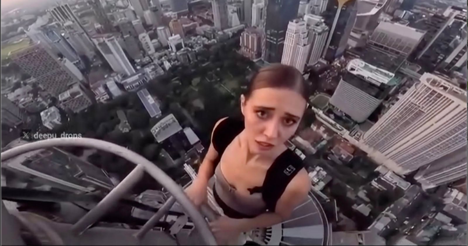 A woman with a backpack stands high on a metal structure, looking up at the camera with a concerned expression, while a cityscape with tall buildings spreads out far below her.