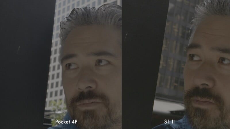 Side-by-side comparison of a man with gray hair and beard, looking sideways. The left side is labeled "Pocket 4P" and the right side is labeled "S1 II," showing differences in image quality or color tone.