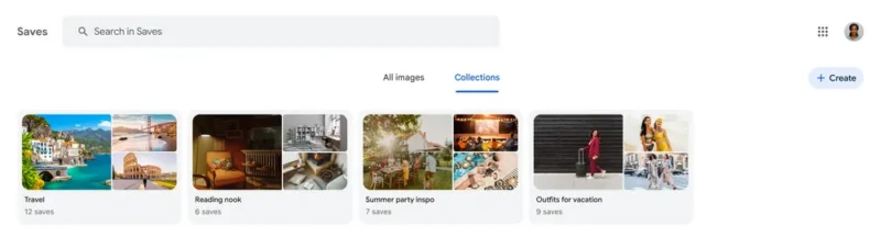 A Google Collections page displays folders: Travel, Reading nook, Summer party inspo, and Outfits for vacation, each with preview images and the number of saves. The user profile icon and a “Create” button are at the top right.