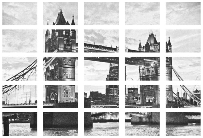 Black and white photo of Tower Bridge in London, divided into a grid of rectangles, creating a fragmented, collage-like effect with the river and cityscape in the background.