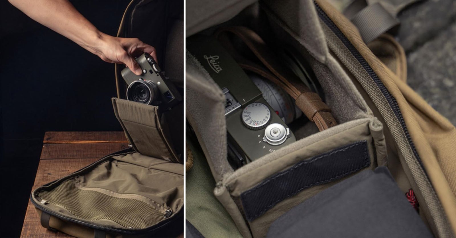 A hand places a camera into a backpack compartment. A close-up shows the camera secured in a padded pocket inside the bag.