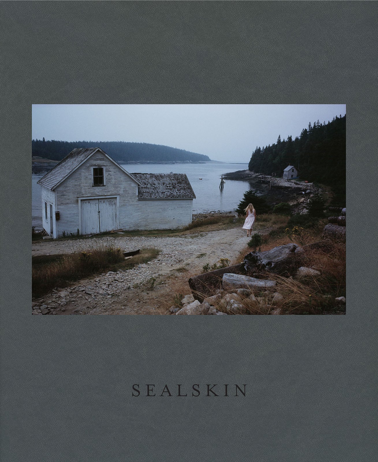 A white wooden house sits by a rocky shoreline under a cloudy sky. A person in light clothing stands near the water. Trees line the shore, and the word "SEALSKIN" is written below the photo on a gray background.